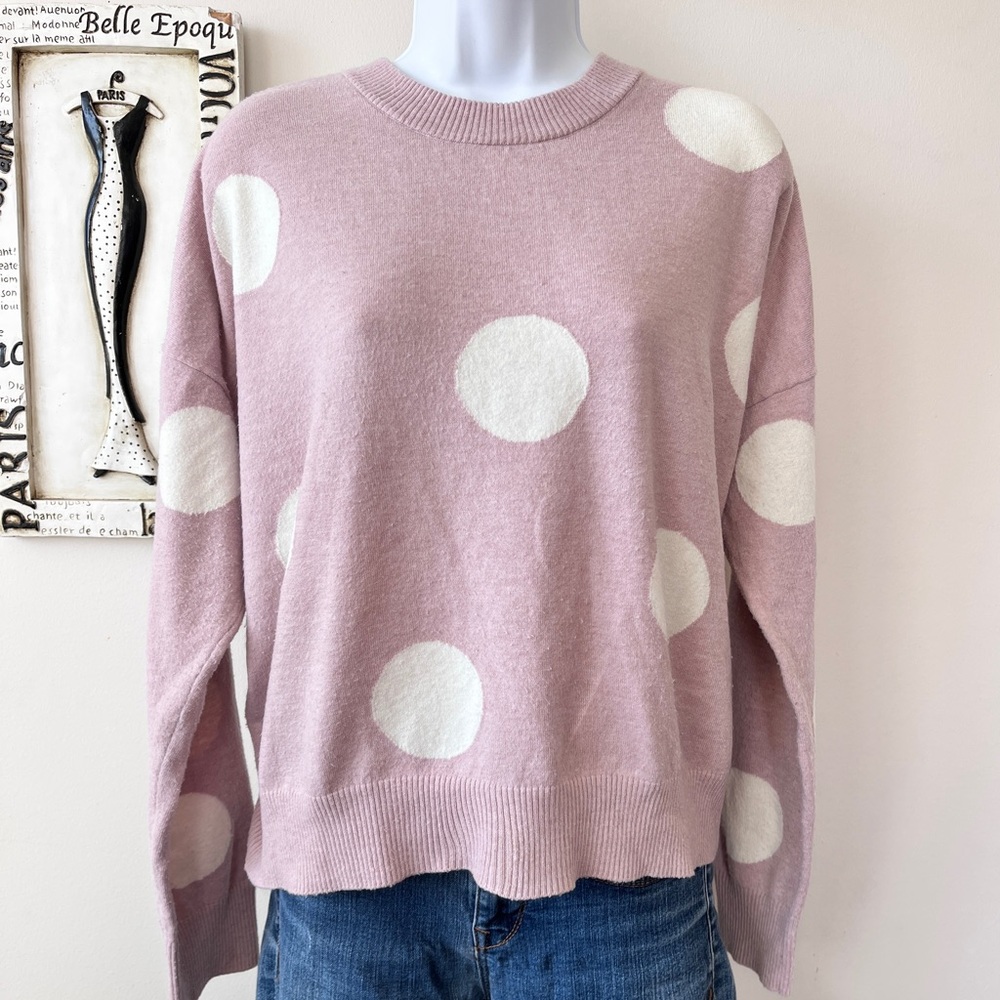 Tahari Purple Lavender Polka Dot Crew Neck Pullover Sweater Size L
